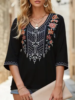 Comfortable Style V-neck Blouse Cotton V-Neck Plus Size Embroidered Blouse | Black and Brown