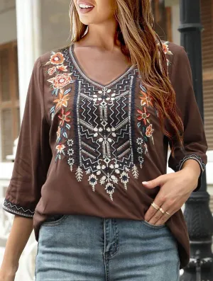 MinimalistDesign COTTON V-NECK PLUS-SIZE EMBROIDERED BLOUSE_CWTBLL0820