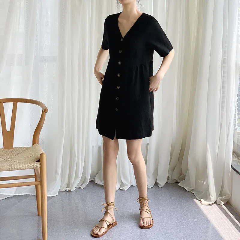 Chic Style Wear COTTON WAIST SLIMMING HEMP FRENCH DRESS_CWDSD4069