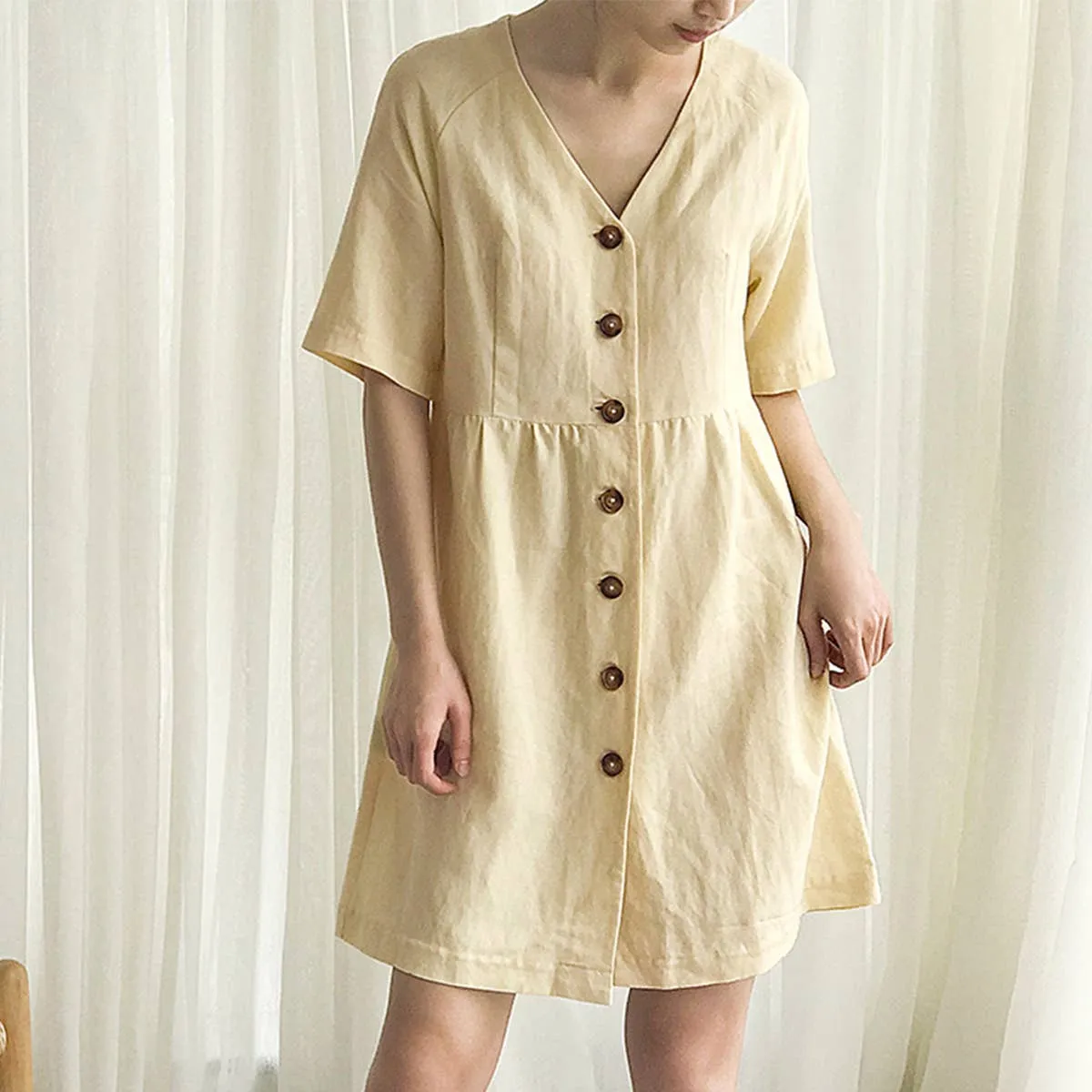Simple Touch COTTON WAIST SLIMMING HEMP FRENCH DRESS_CWDSD4069