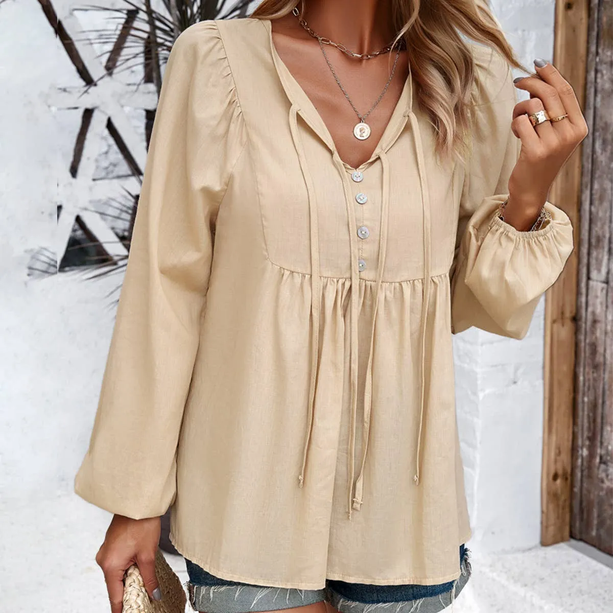 Durable Interlock Stitch LowMaintenance COTTON WICKING V COLLAR BLOUSE_CWTBLL0779