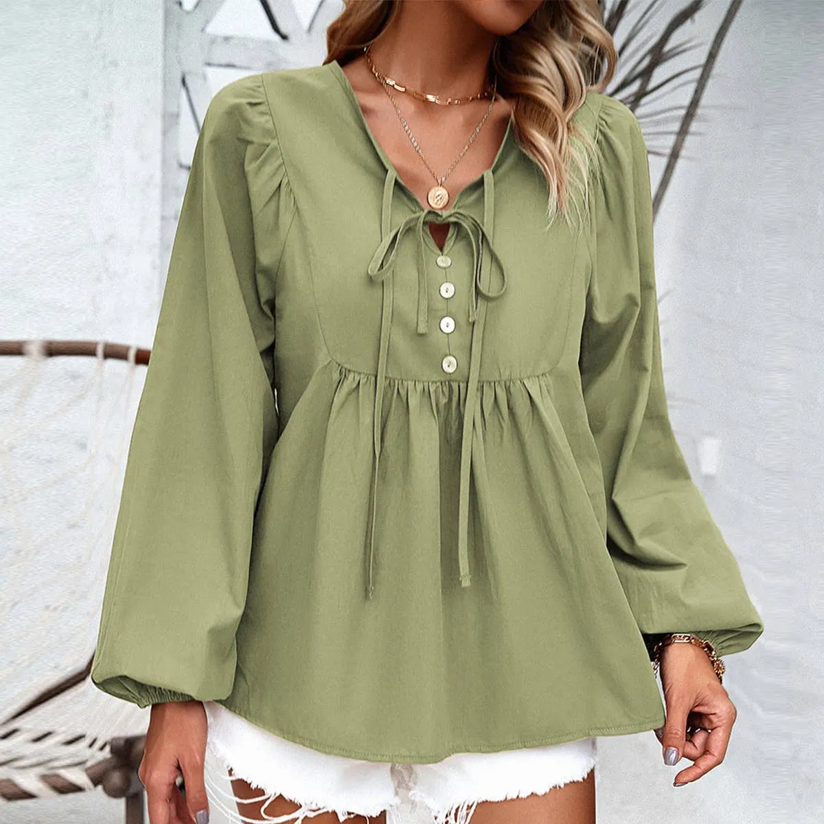 COTTON WICKING V COLLAR BLOUSE_CWTBLL0779 Anti Pilling Finish ErgonomicShape