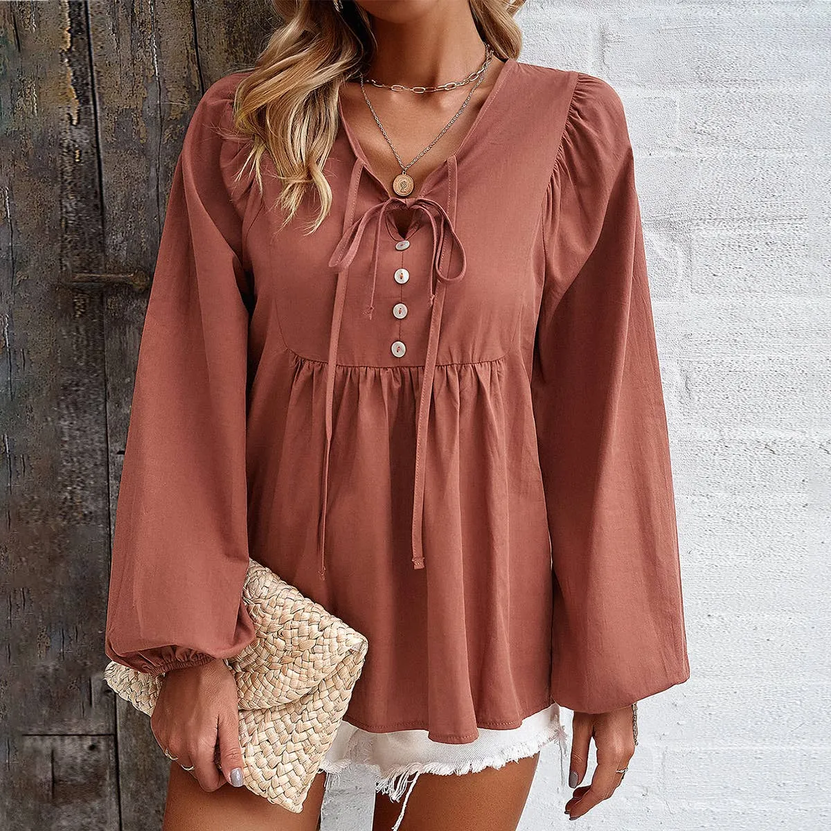 COTTON WICKING V COLLAR BLOUSE_CWTBLL0779 DoubleLayeredShoulders BreathableBackVents