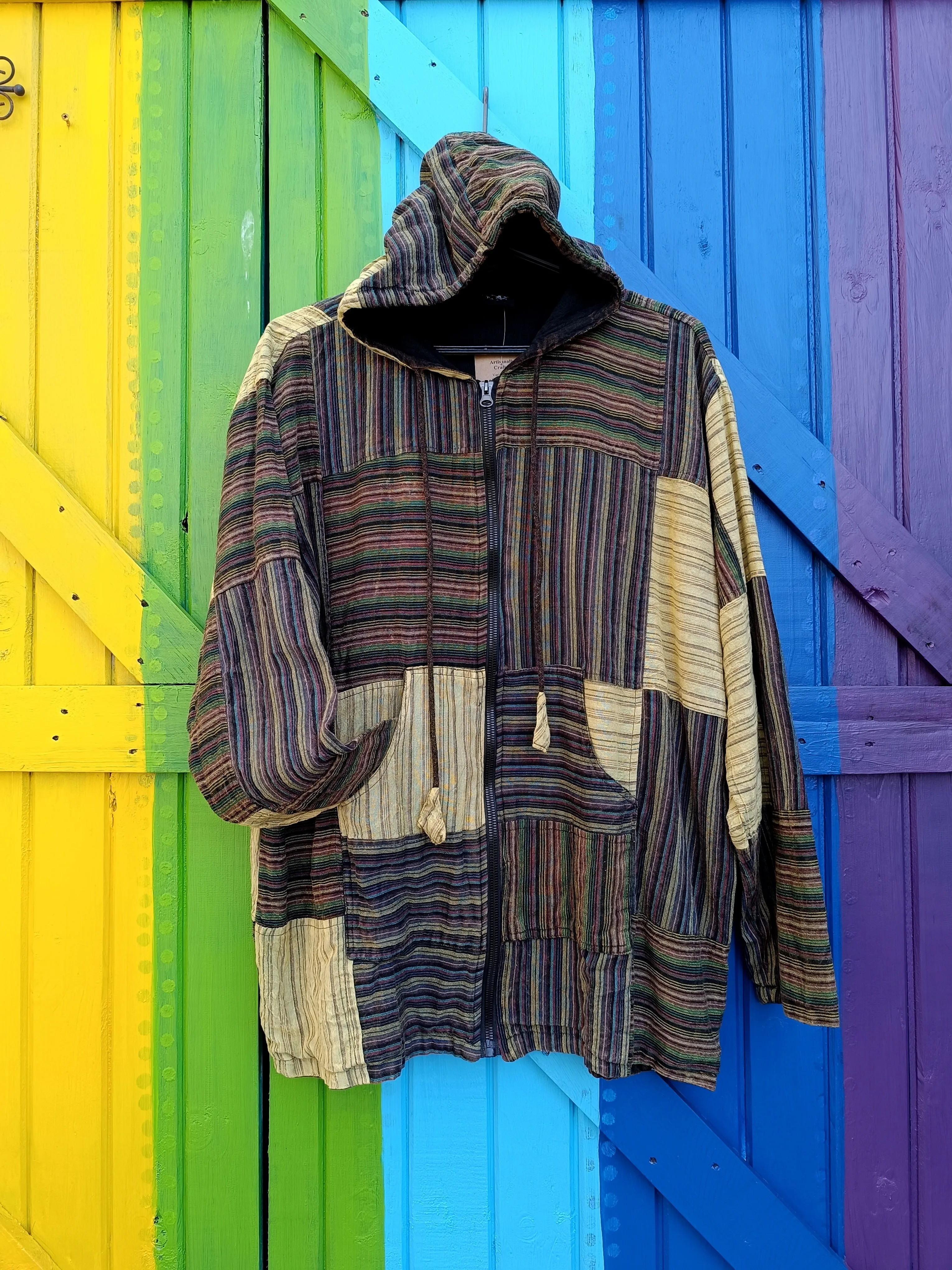 Cotton Zipped Funky Striped Patch Hoodies with Front Pockets - Medium