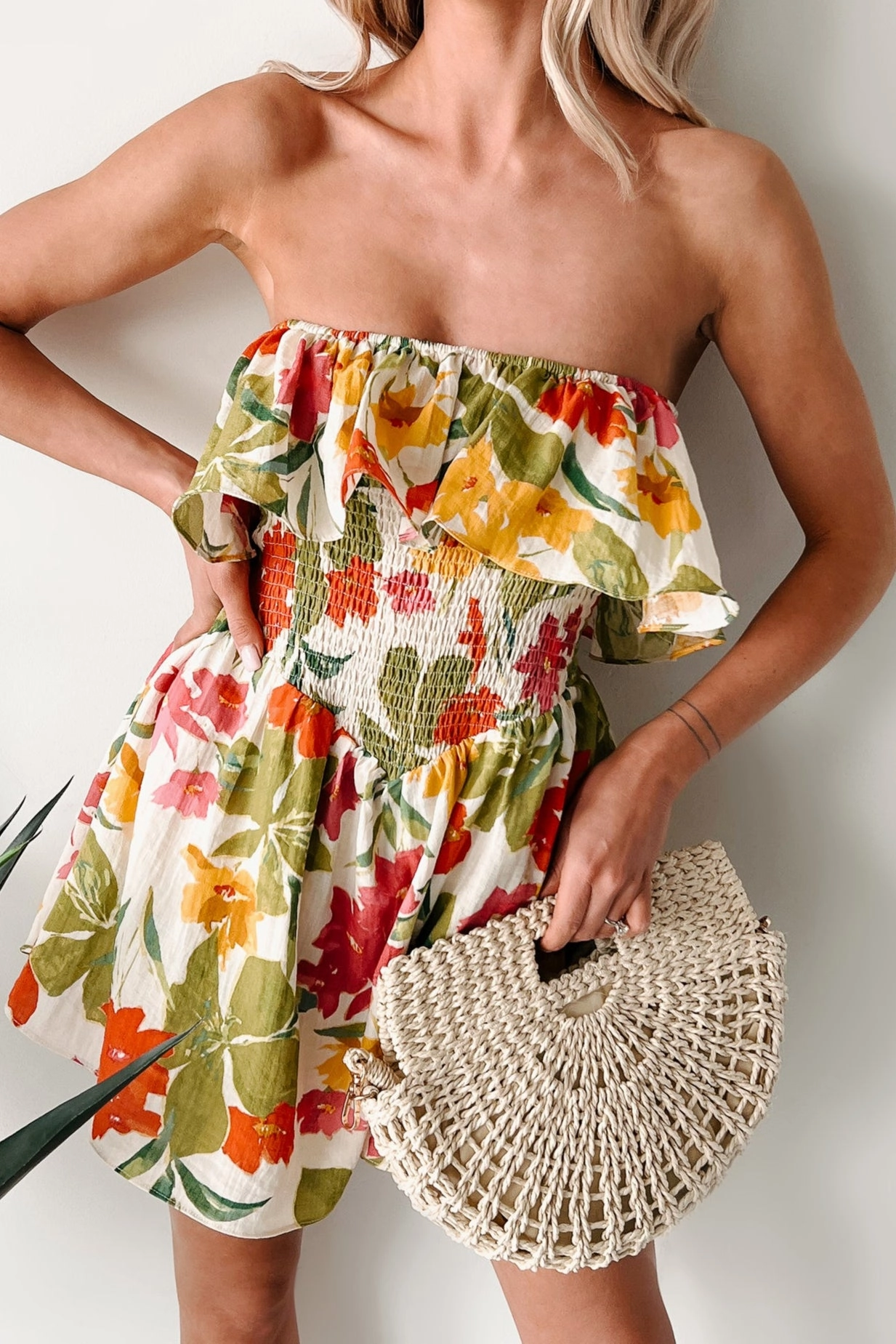 Chic Mom Soft Breezes Strapless Floral Romper Dress (Cream/Multi)