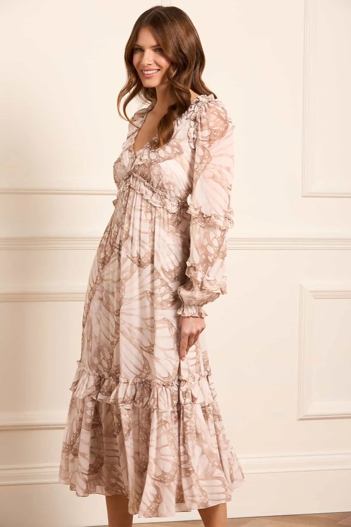 Flutter Chiffon Long Sleeve Ballerina Dress Delicate Lines Work Fitwear