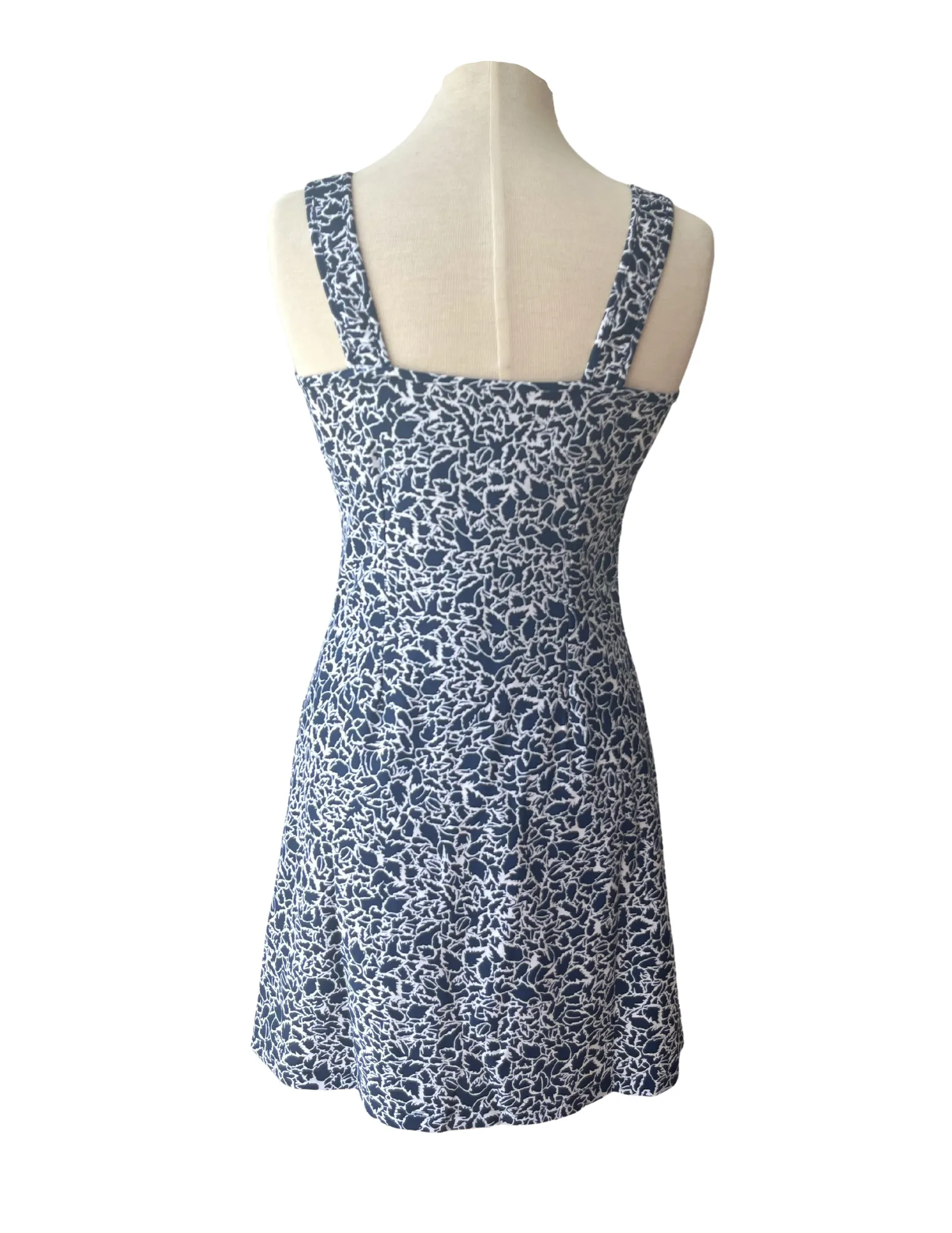 Peplum-Style Crisp Detail Bali Tank Dress Variegated Leaves Navy/White