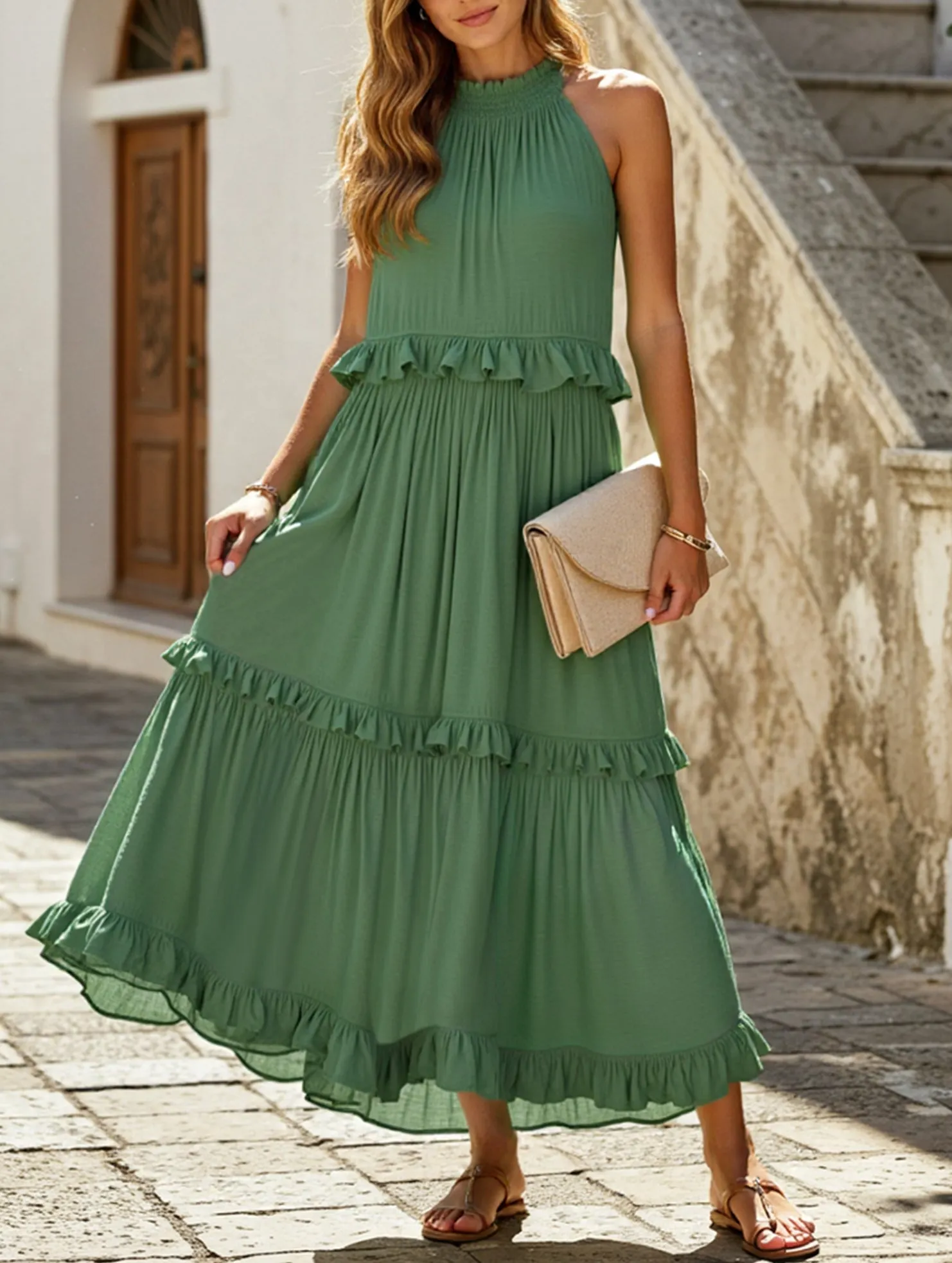 Minimal Cut Elegant Temperament Long Floor-Length Cake Skirt Dress ??Tiered Maxi Gown