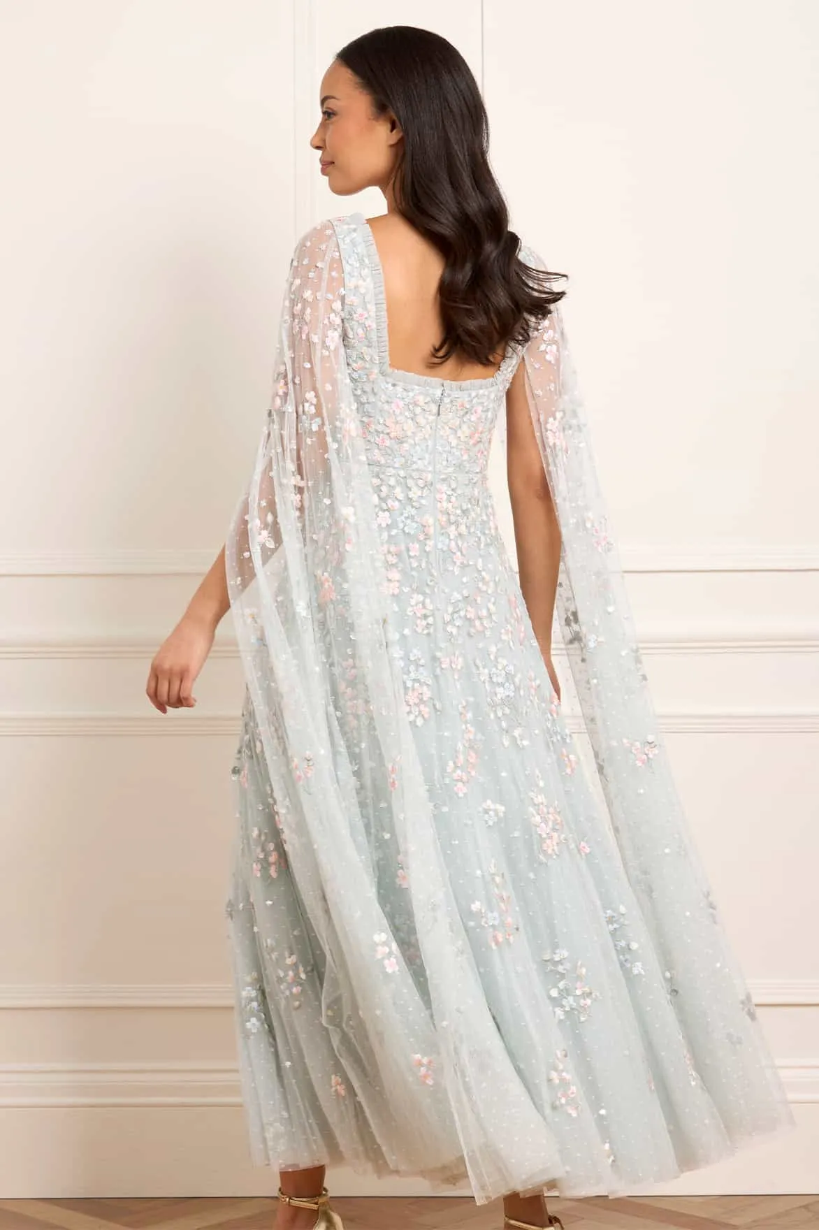 Convertible-Style Elegant Charm Versailles Ditsy Cape Sleeve Ankle Gown