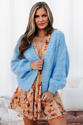 Cozy & Content Chunky Knit Cardigan (Blue) NonRestrictiveSilhouette Tubular Body Construction