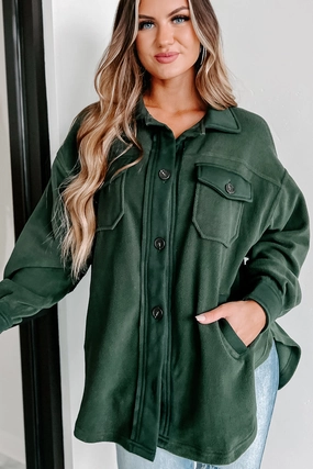 Durable Overlock Stitch HeatSealed Seams Cozy Campfire Nights Oversized Fleece Shacket (Army Green)
