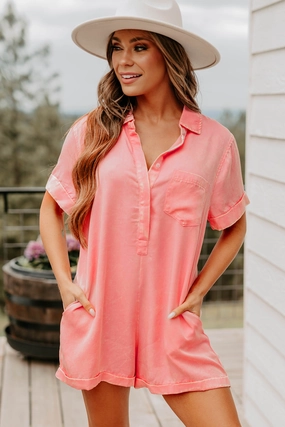 Cozy Spell Mineral Wash Zenana Romper (Dark Pink) Oversized Collar Interlock Stitching