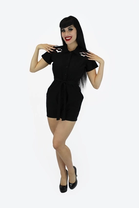 Festival Essential Stretchy Bat Black Romper With Belt