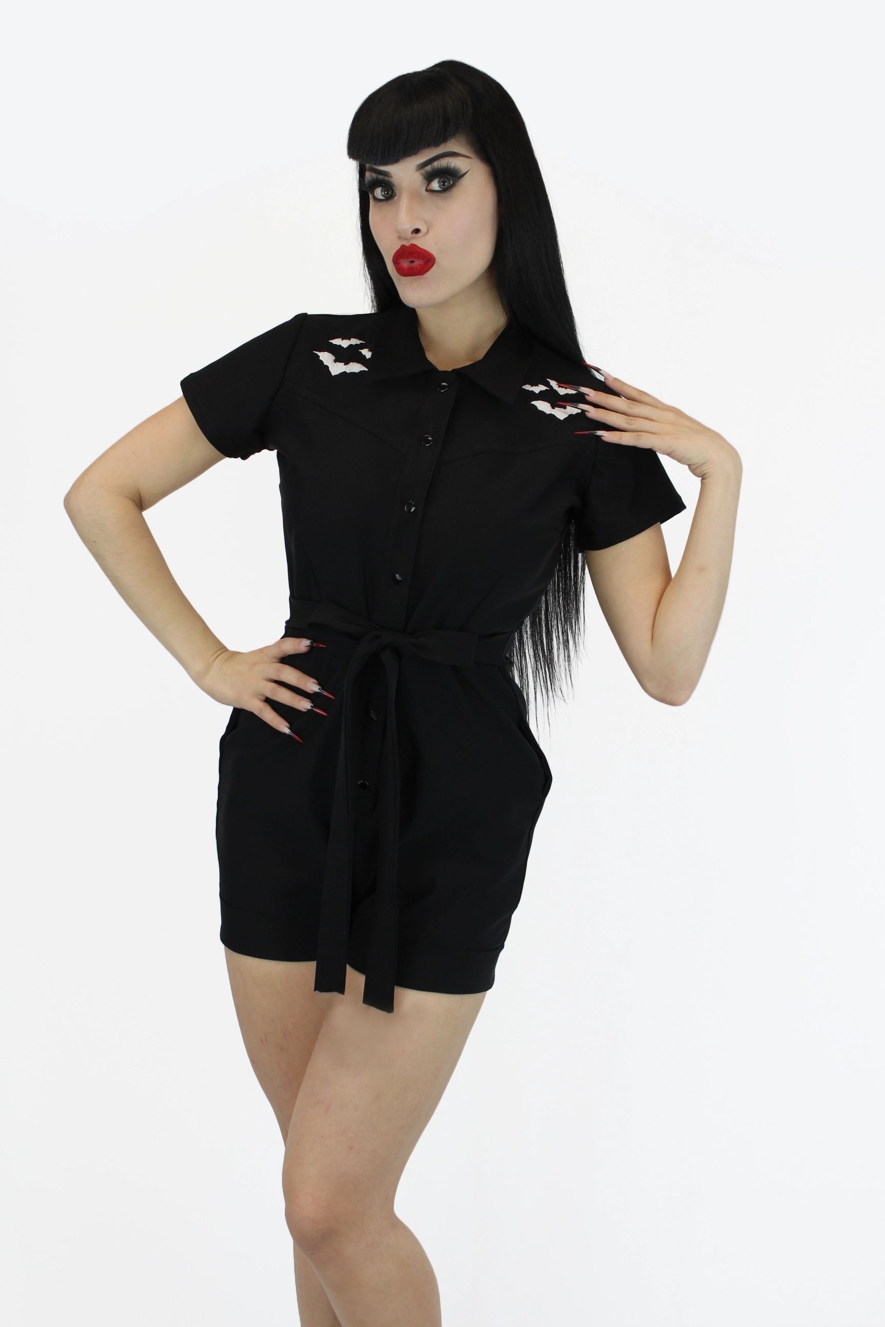 Stretchy Bat Black Romper With Belt Modern Athlete Stretch Yoga