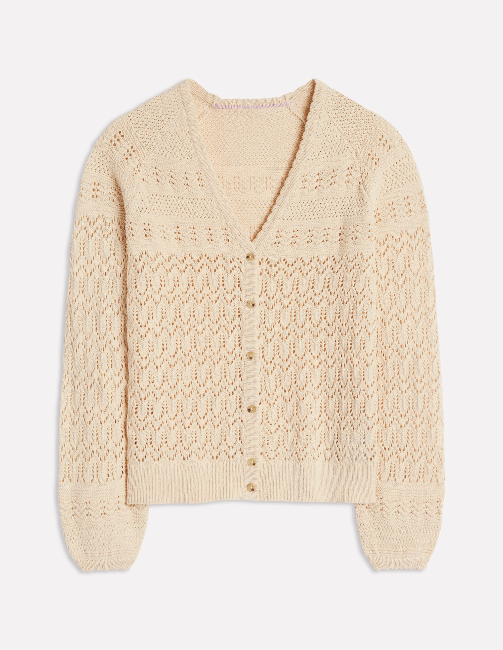 Elodie Stitch V-Neck Cardigan-Warm Ivory Reinforced Neckline Stitching Stretch Recovery Yarn