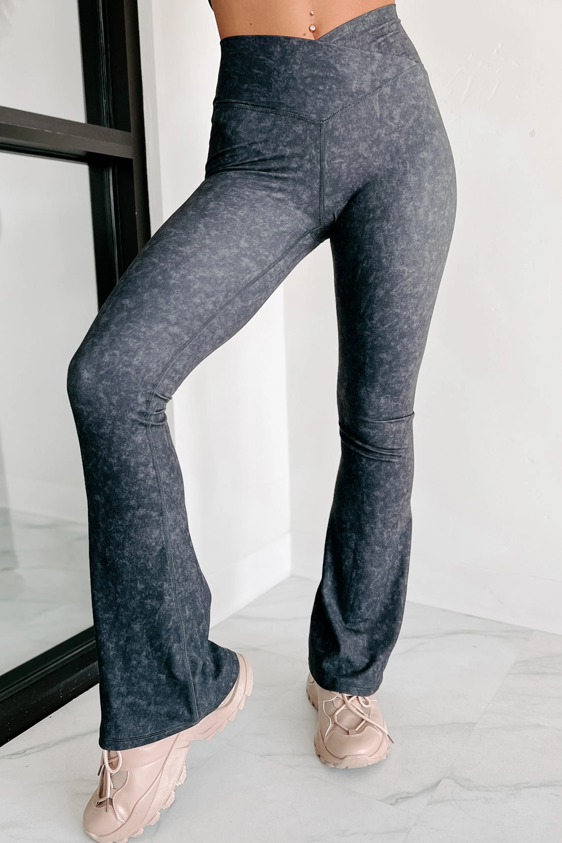 Craving Comfort Mineral Washed Cross-Over Flared Leggings (Black) Comfort Cushion Neckline