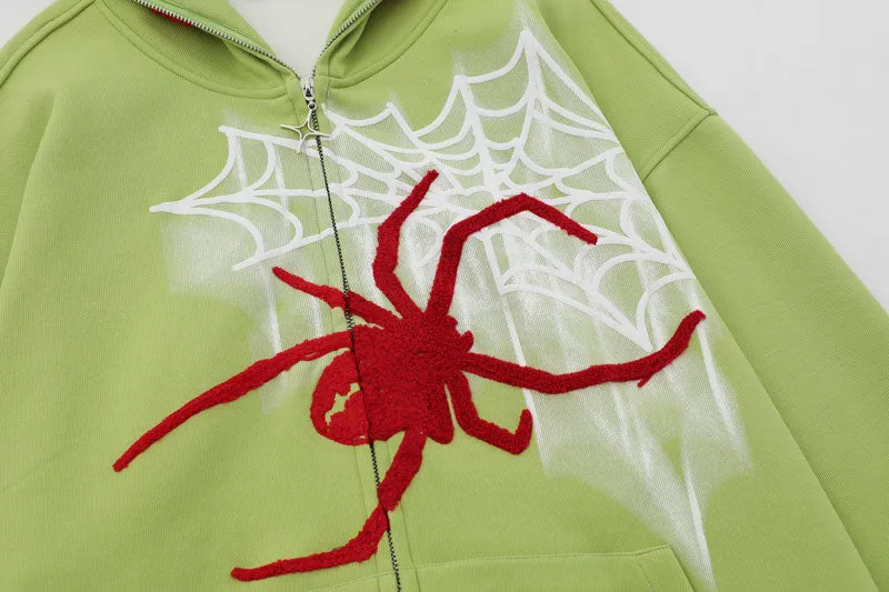 'Crawler' Full Zip Hoodie with Textured Spider Embroidery