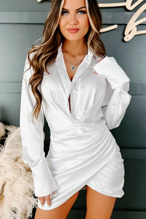 Casual Button-Down OrganicCotton Create Opportunity Ruched Satin Shirt Dress (White)