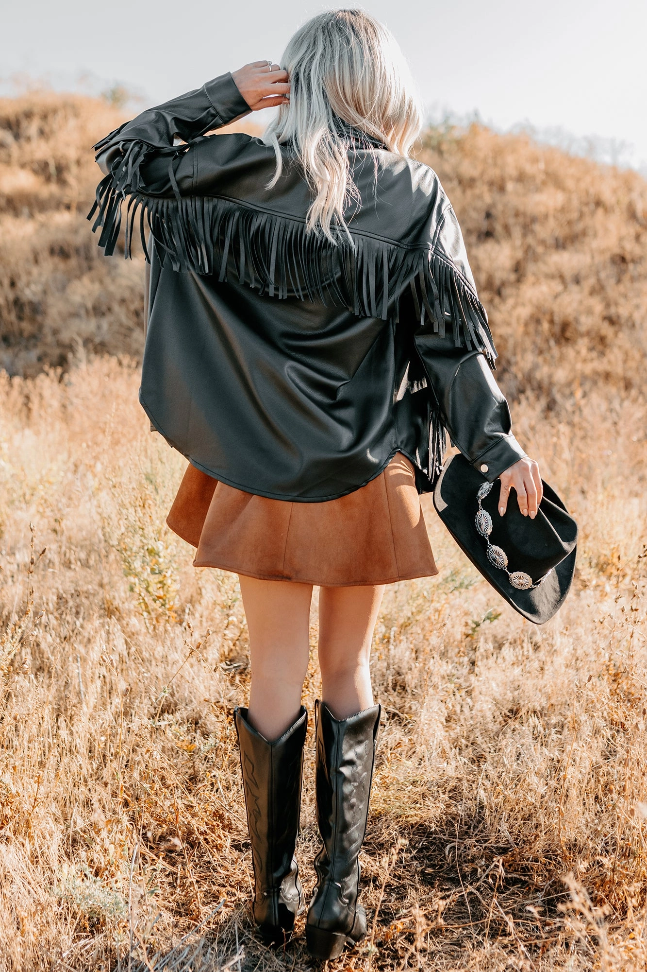 Creating Moments Faux Leather Fringe Jacket (Black) Moisture Wicking Layer Product
