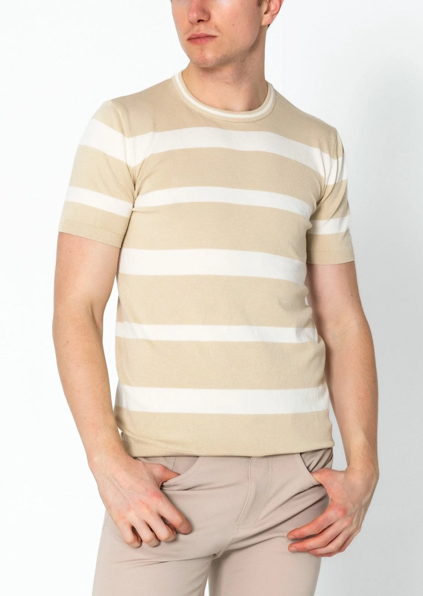 Crew-neck Knitted Striped Shirt - Beige