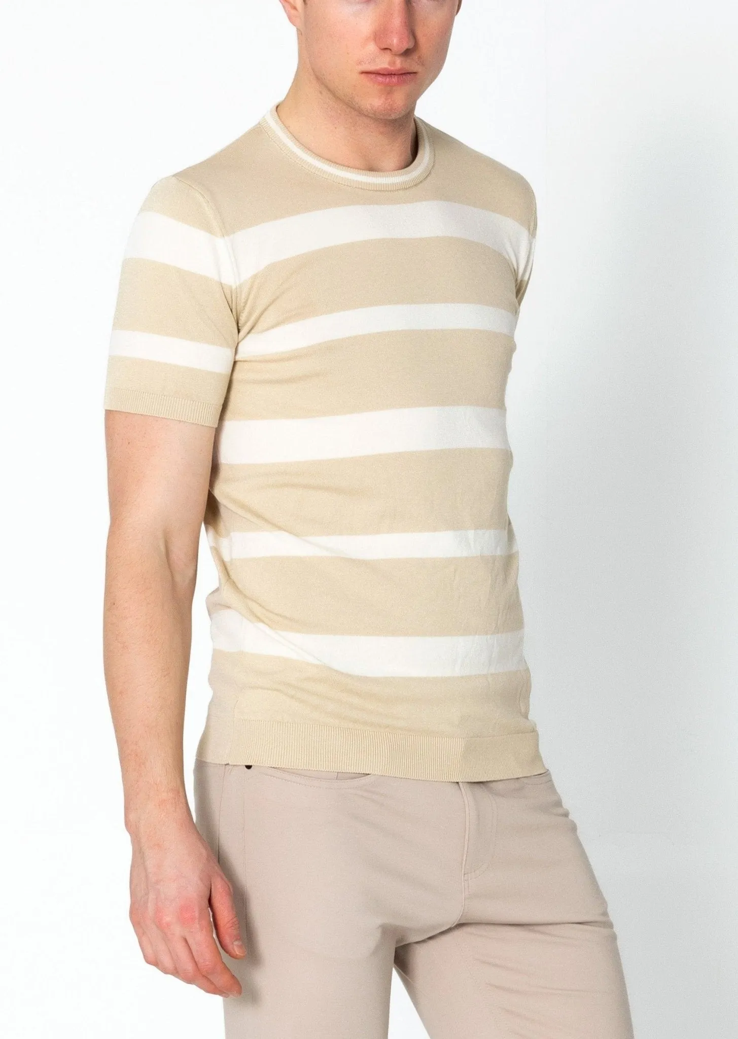 Crew-neck Knitted Striped Shirt - Beige