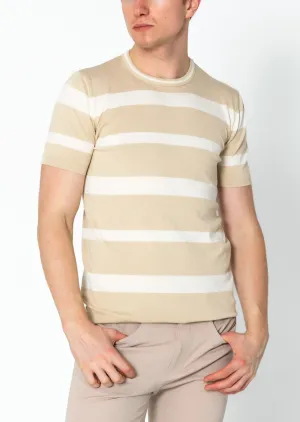 Crew-neck Knitted Striped Shirt - Beige