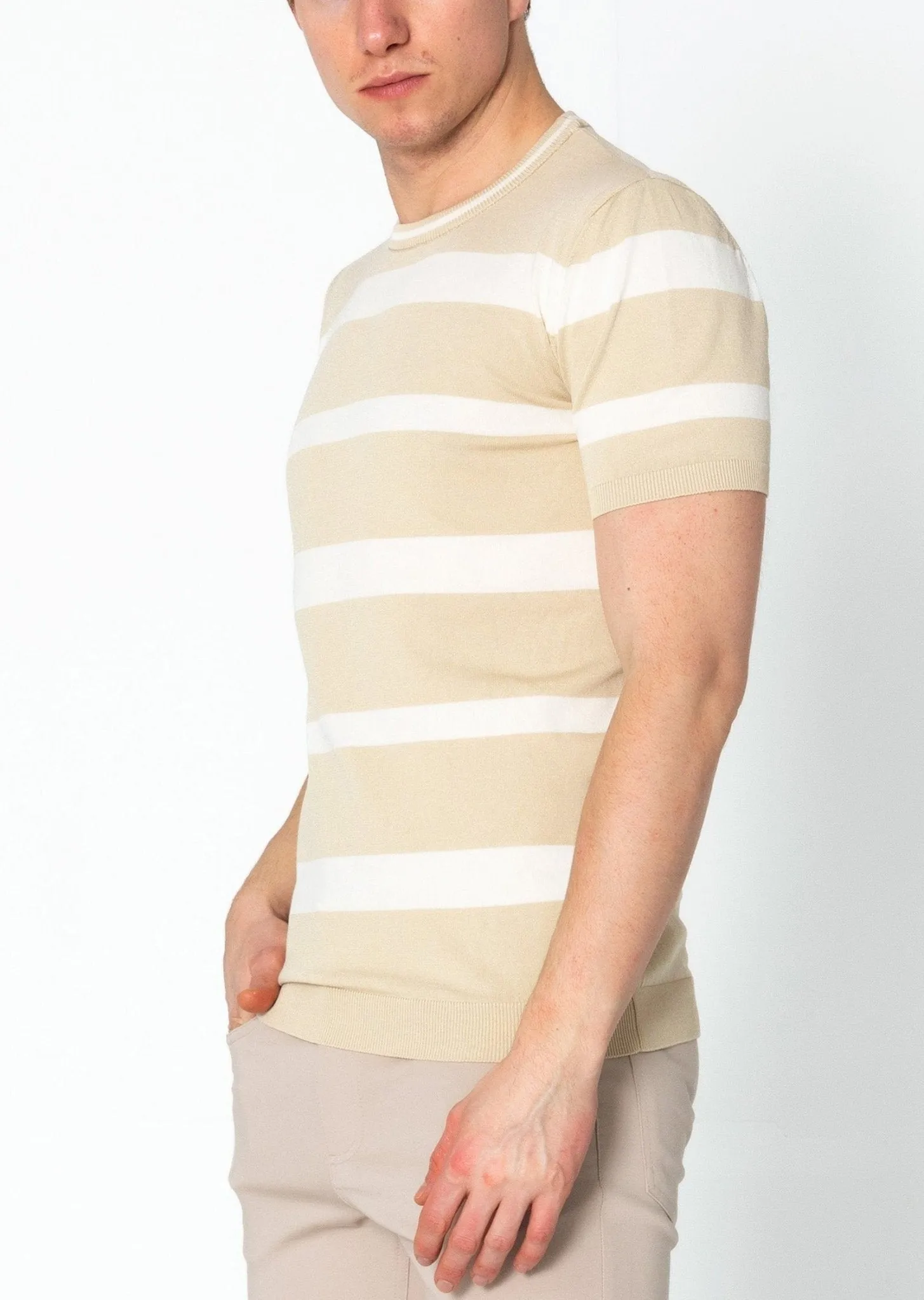 Crew-neck Knitted Striped Shirt - Beige