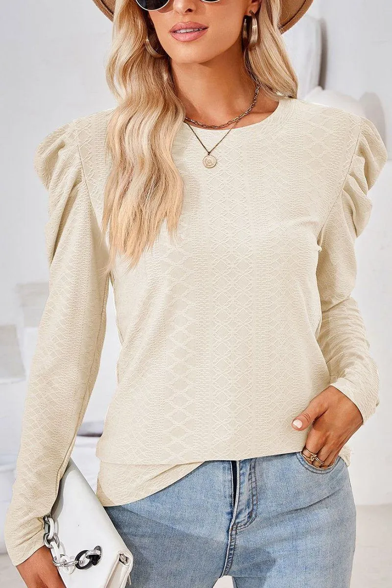 Ribbed collar CREW NECK PUFF SLEEVE BLOUSE TEE FOR WOMEN