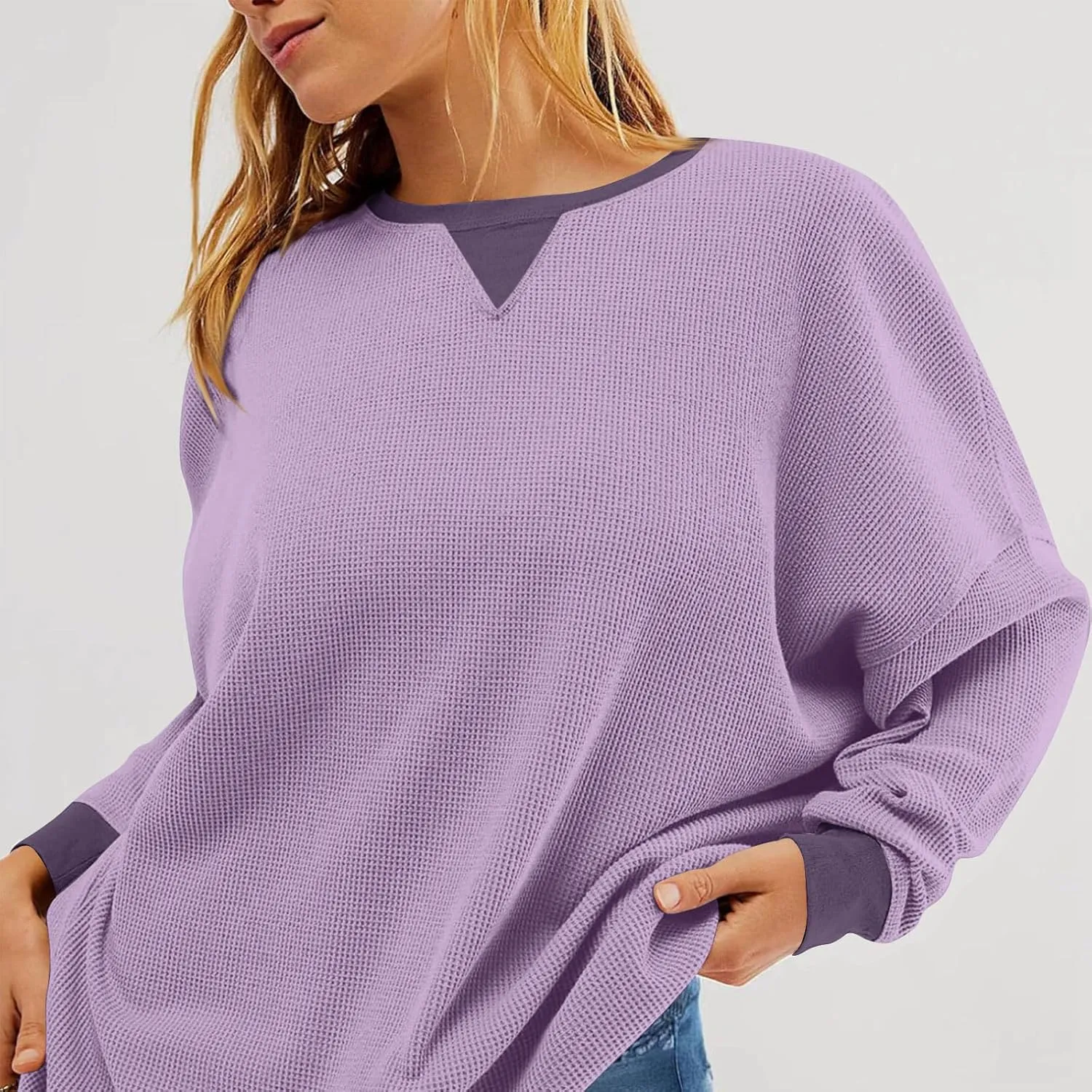 Crew Neck Sweatshirts Women Long Sleeve Waffle Knit Tops 2024 Fall Fashion Oversized Pullover Sweater Teacher Shirts