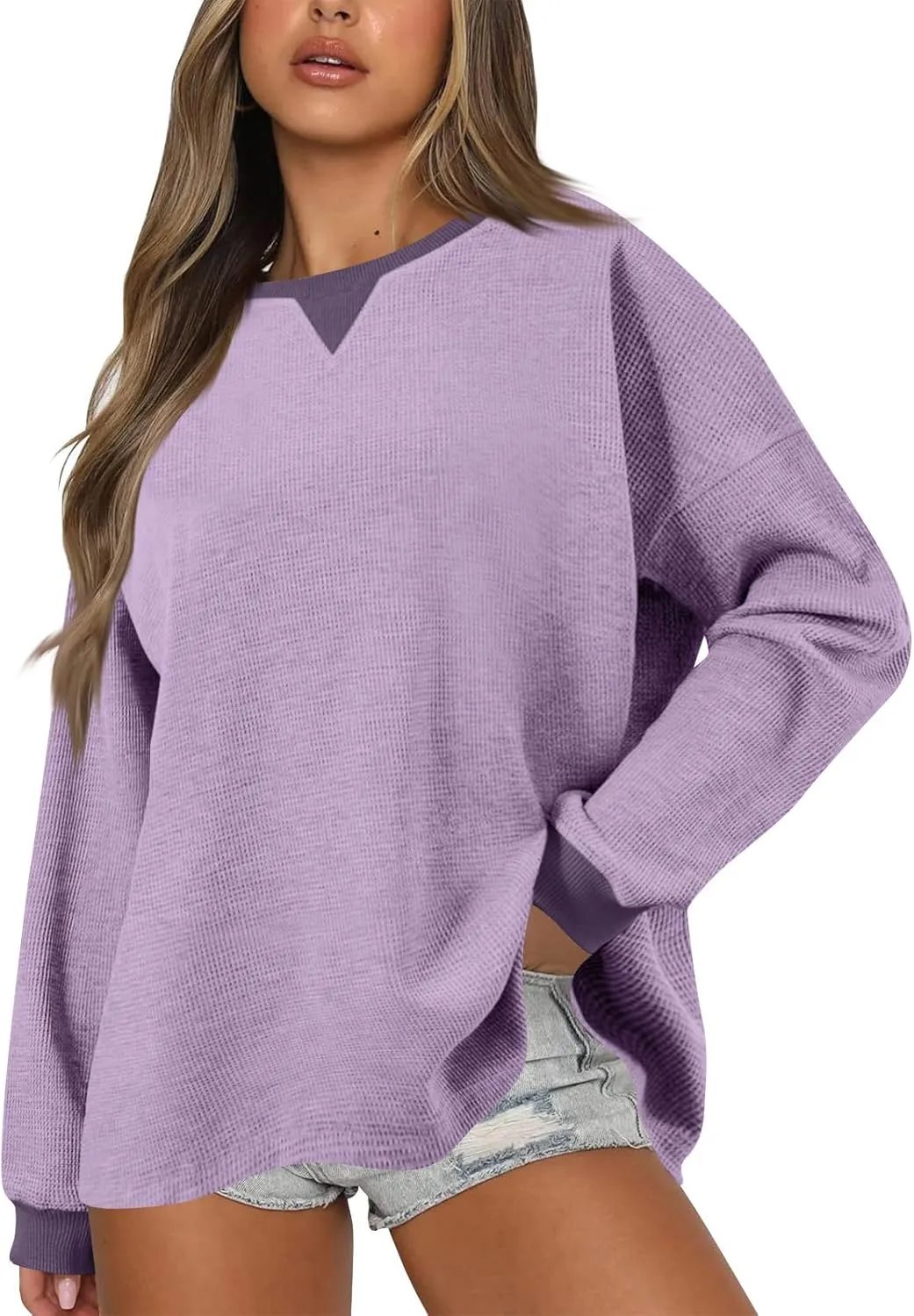 Crew Neck Sweatshirts Women Long Sleeve Waffle Knit Tops 2024 Fall Fashion Oversized Pullover Sweater Teacher Shirts