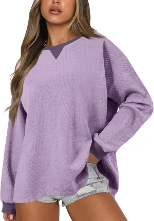 Crew Neck Sweatshirts Women Long Sleeve Waffle Knit Tops 2024 Fall Fashion Oversized Pullover Sweater Teacher Shirts