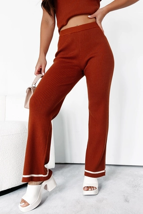 Versatile Design ResilientElasticBand Crisp Leaves Ribbed Knit Straight Leg Pant (Rust)