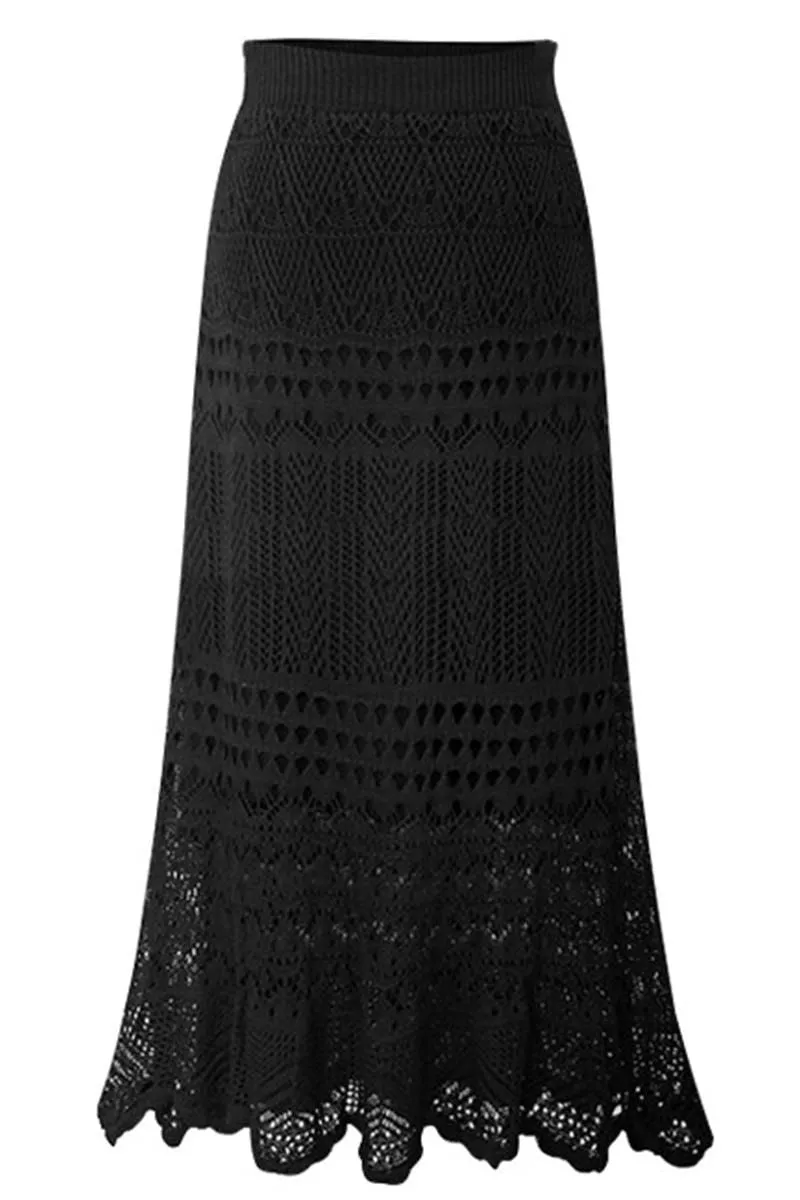 CROCHET HOLLOW KNITTED MIDI LENGTH SKIRT No Irritation Seams Seamless Waistband