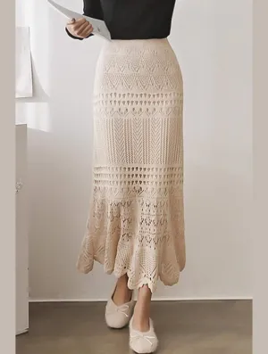 CROCHET HOLLOW KNITTED MIDI LENGTH SKIRT Rayon drape