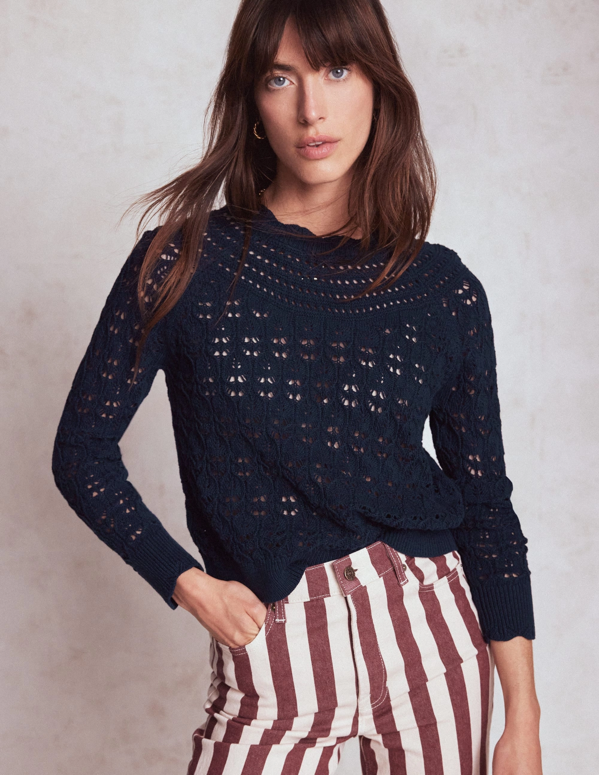 Crochet Mix Stitch Jumper-Navy Pure Shape Travel Essential