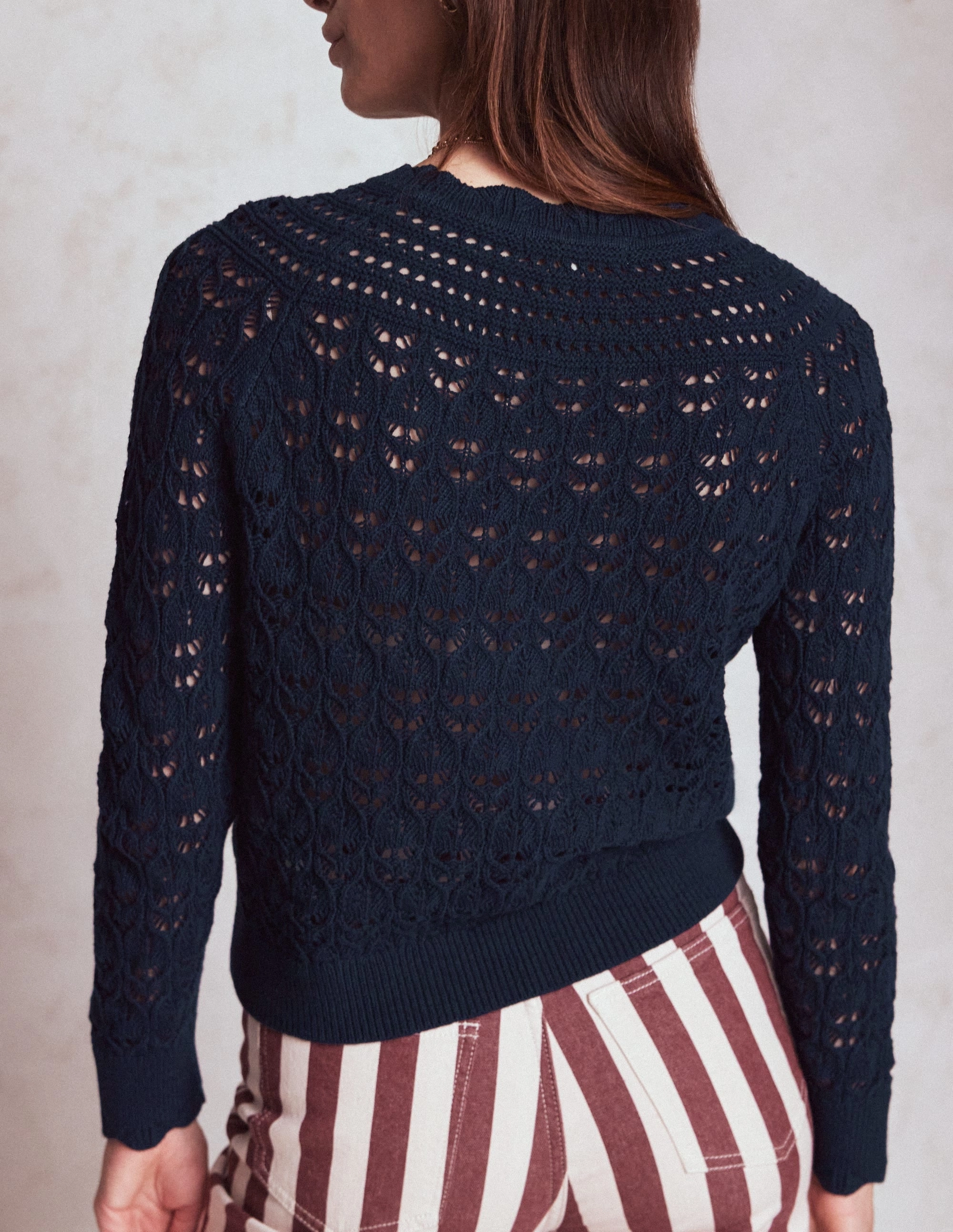 Weekend Style WrinkleResistant Knit Structure Crochet Mix Stitch Jumper-Navy