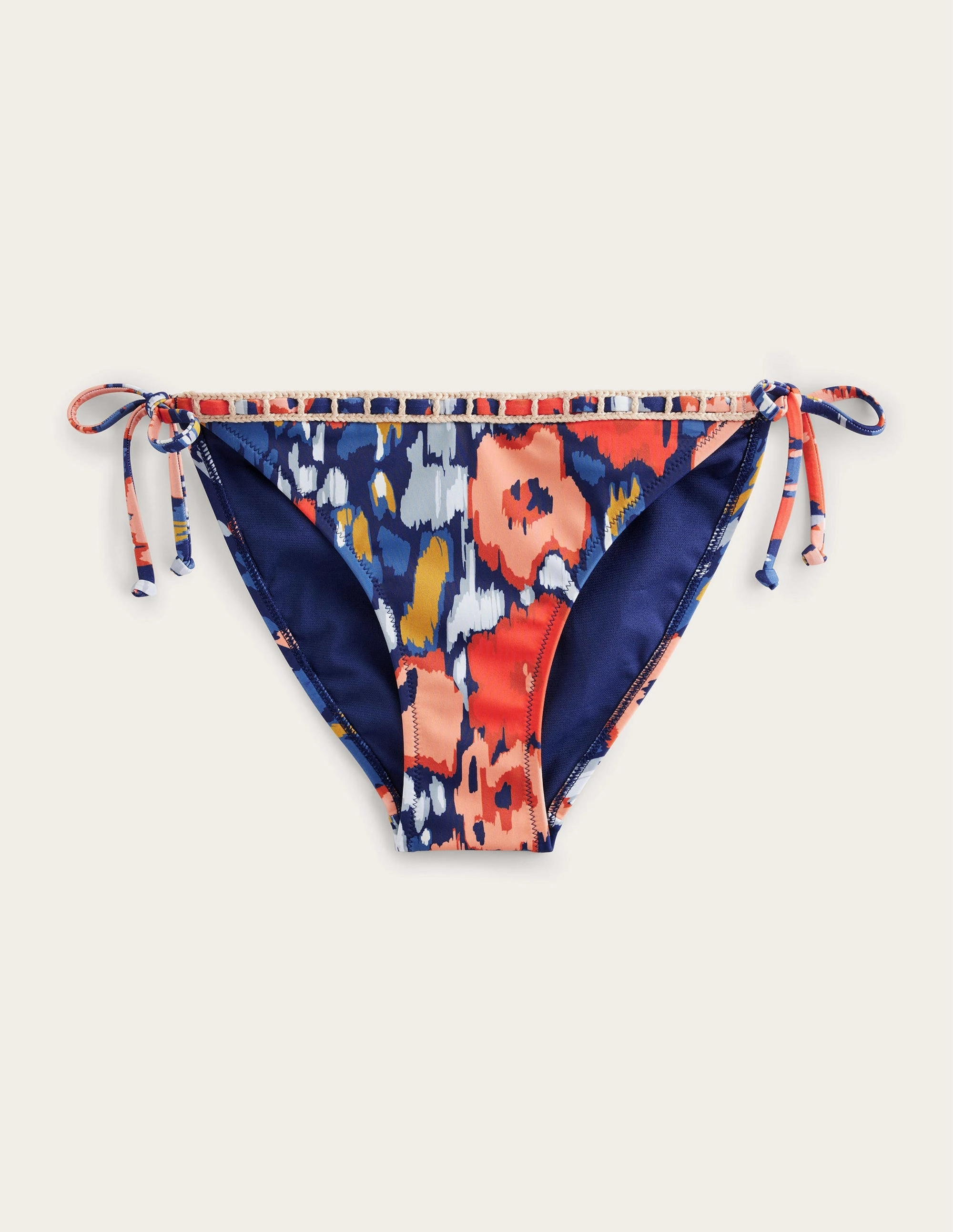 Poolside-Chic Minimalist-Look Crochet Trim Bikini Bottoms-Navy, Abstract Poppy