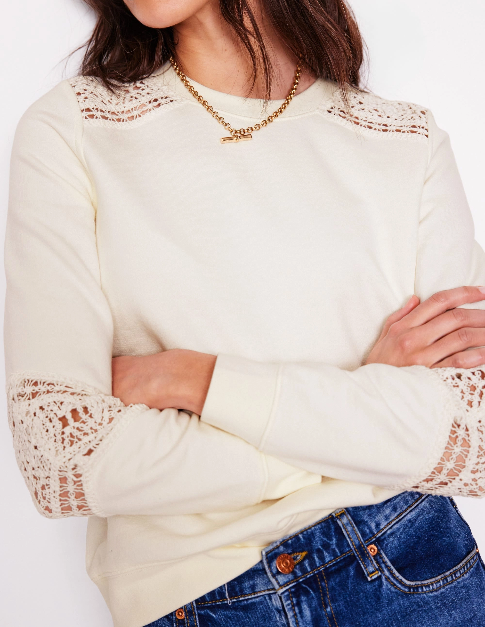 Crochet Trim Sweatshirt-Ivory AntiPilling Hypoallergenic Fiber