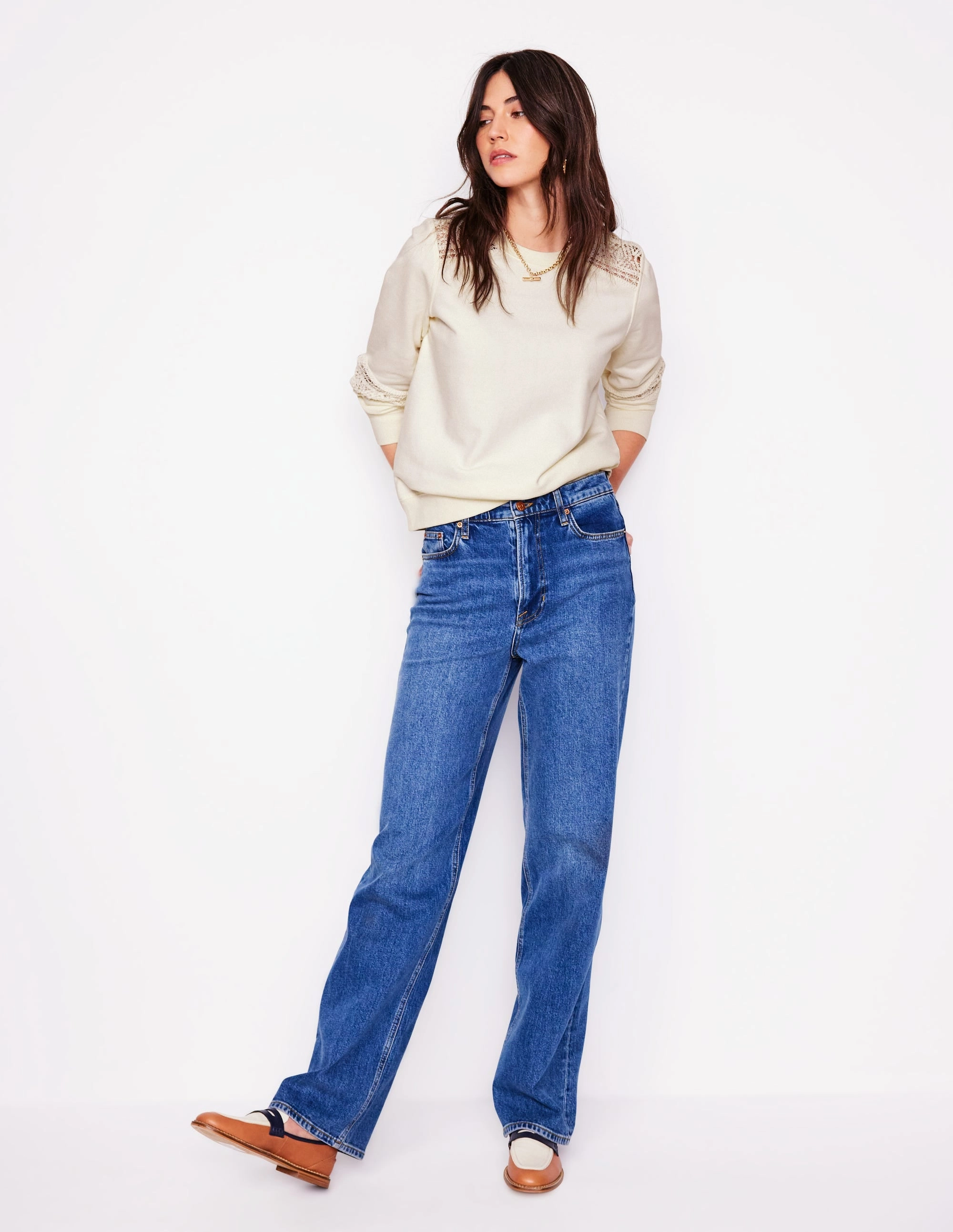 Weighted Hem Design Crochet Trim Sweatshirt-Ivory