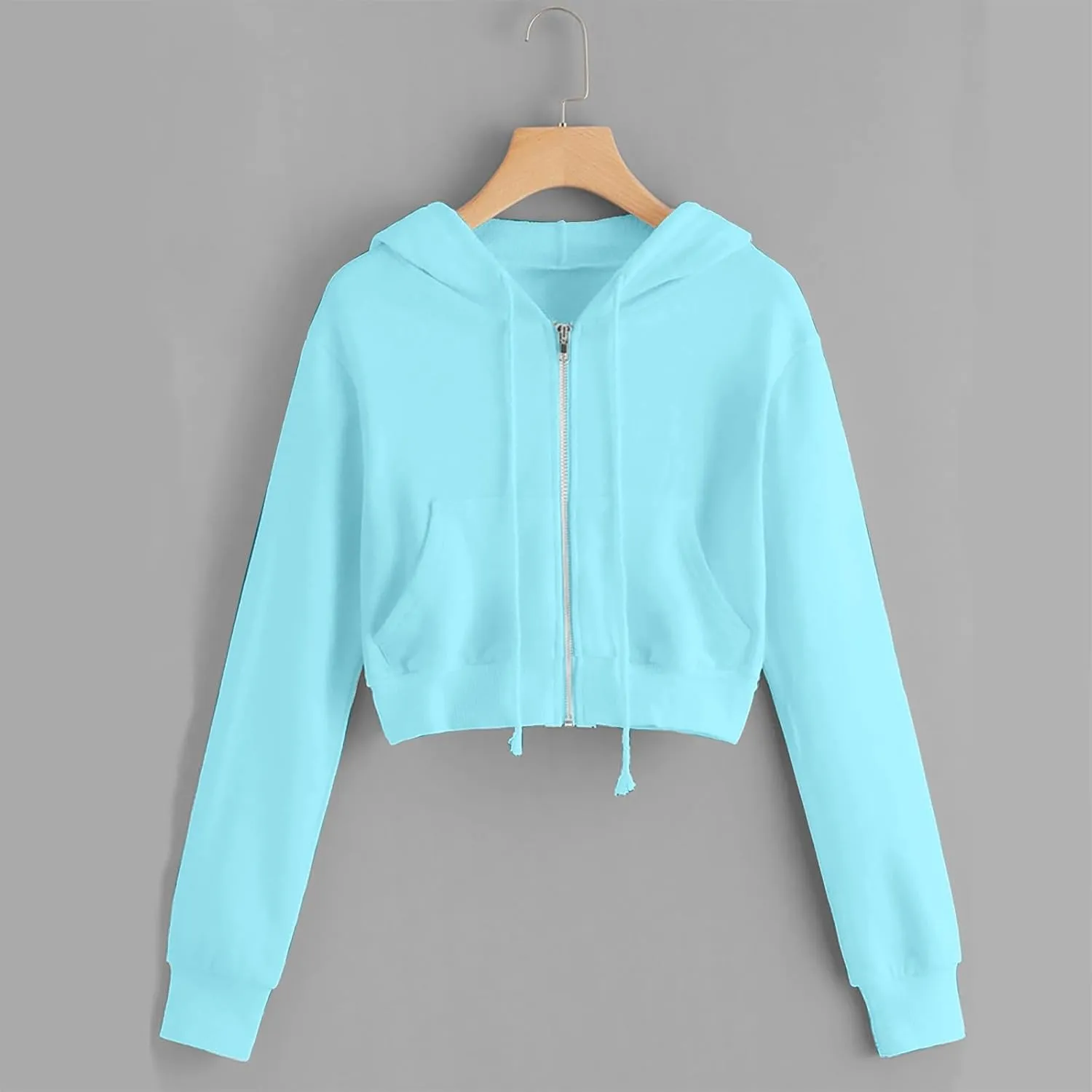 Cropped Sweatshirts for Women Zip Up Jackets Drawstring Hoodies Solid Color Sweatshirts Workout Tops with Pockets