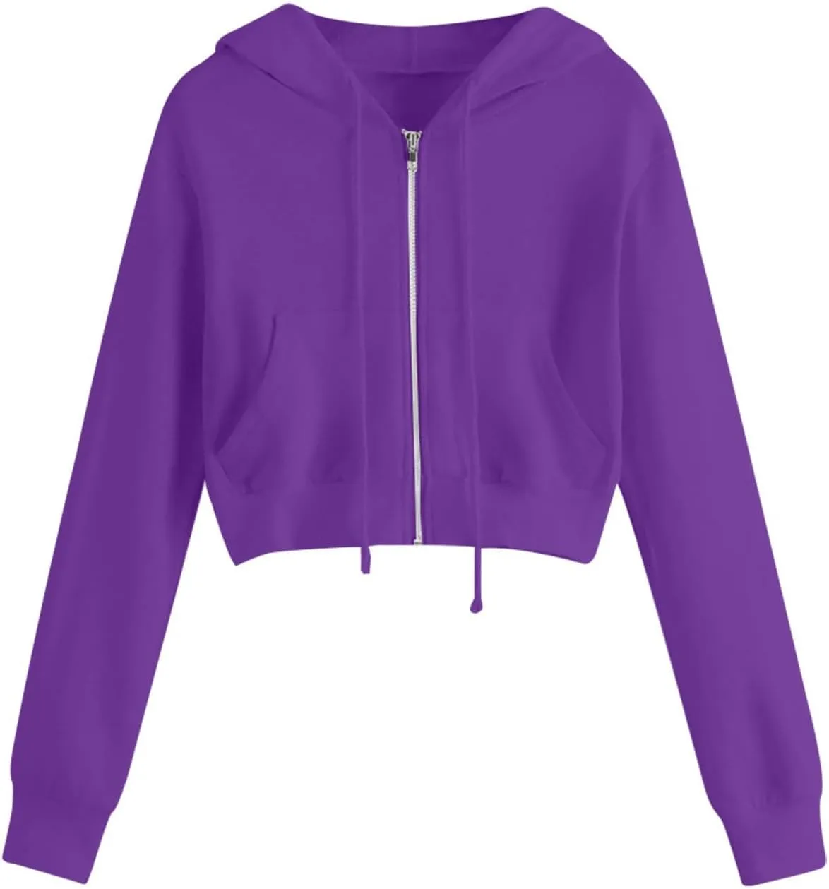 Cropped Sweatshirts for Women Zip Up Jackets Drawstring Hoodies Solid Color Sweatshirts Workout Tops with Pockets