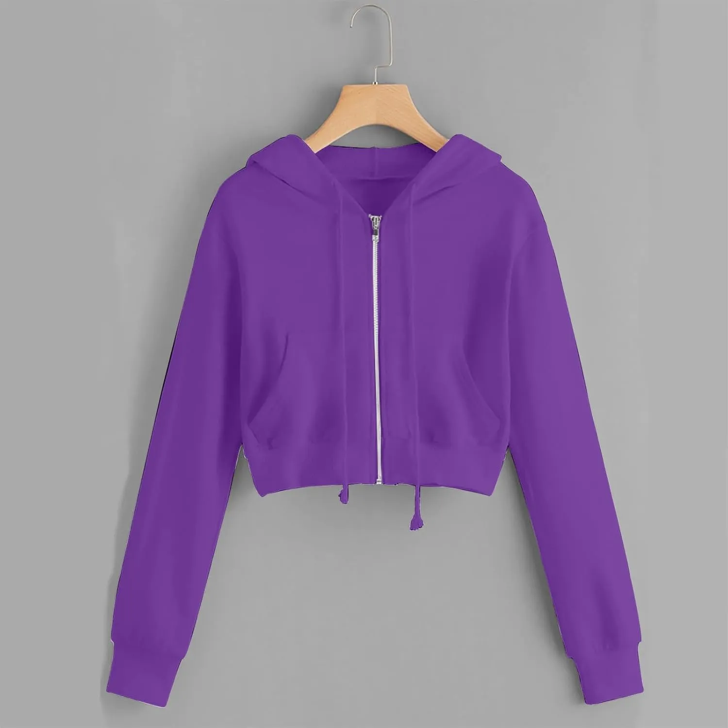 Cropped Sweatshirts for Women Zip Up Jackets Drawstring Hoodies Solid Color Sweatshirts Workout Tops with Pockets
