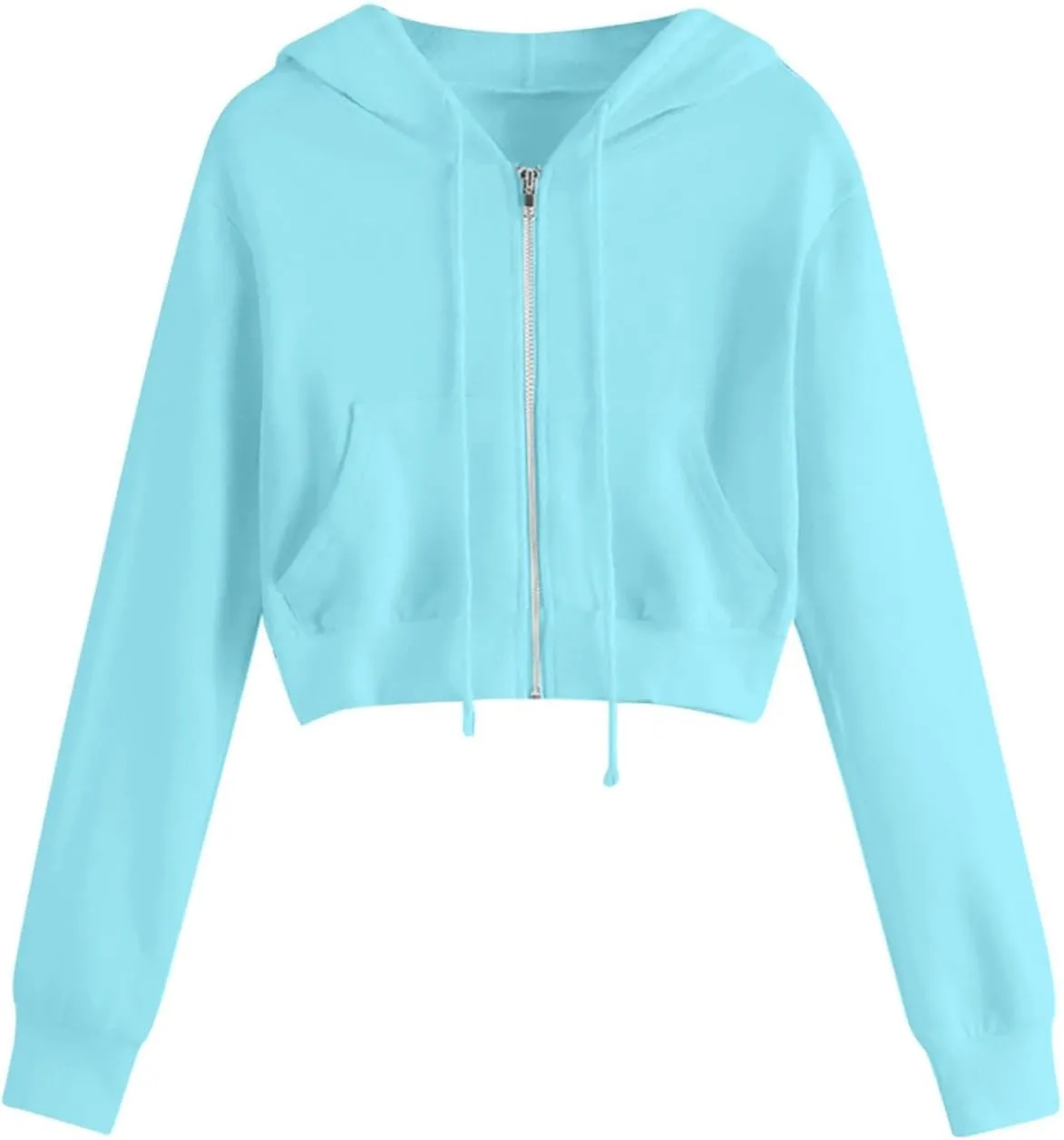 Cropped Sweatshirts for Women Zip Up Jackets Drawstring Hoodies Solid Color Sweatshirts Workout Tops with Pockets