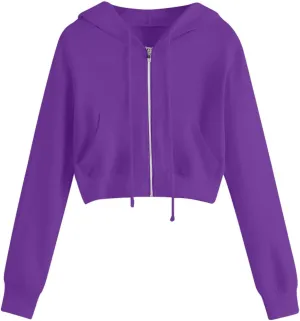 Cropped Sweatshirts for Women Zip Up Jackets Drawstring Hoodies Solid Color Sweatshirts Workout Tops with Pockets