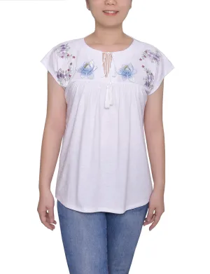 Structured Shoulder Embroidered Yoke Extended Sleeve Top