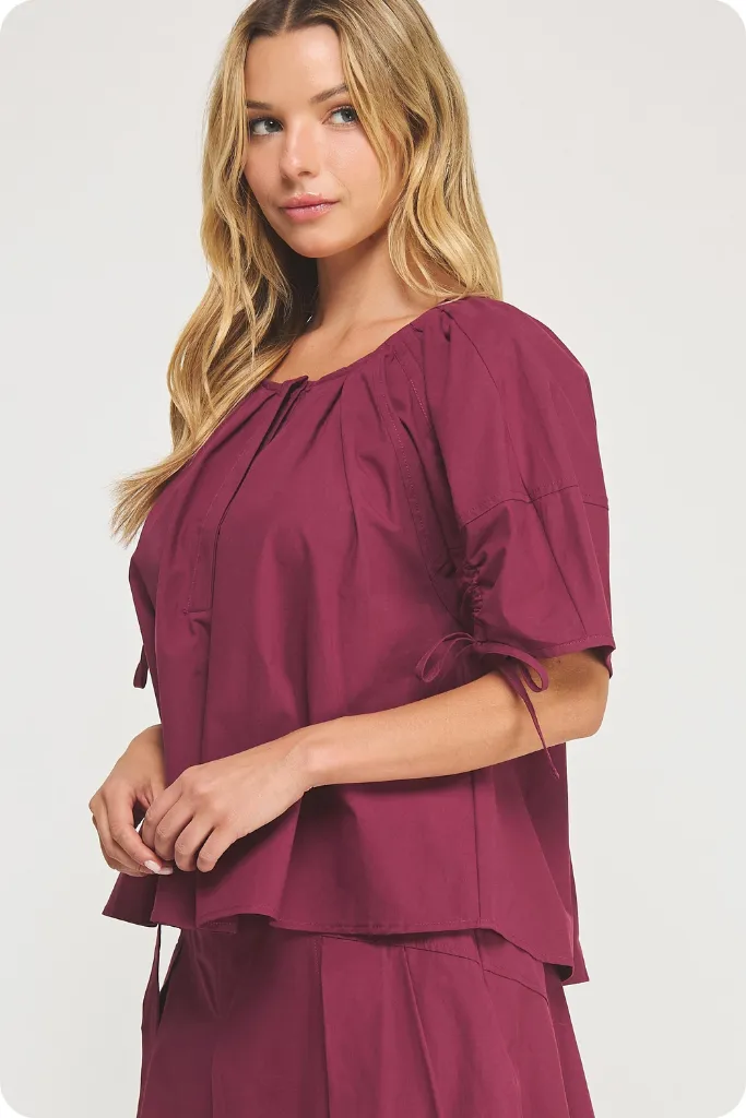 Simple Cut Seamless Design Liana Tie Sleeve Top In Dark Cherry