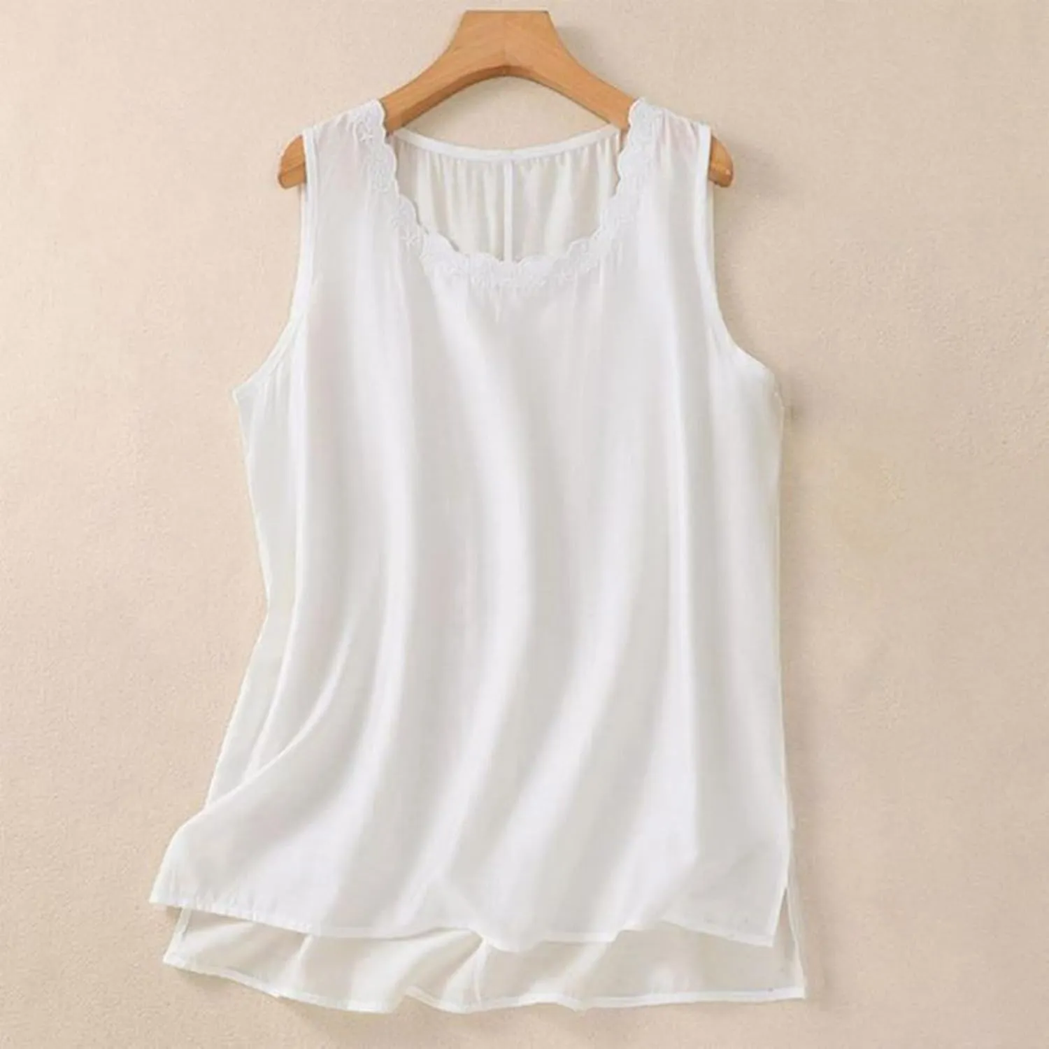 Cute Floral Embroidered Trim Cami Tops Women Summer Cotton Linen Sleeveless V Neck T Shirts Casual Beach T Shirts Undershirts