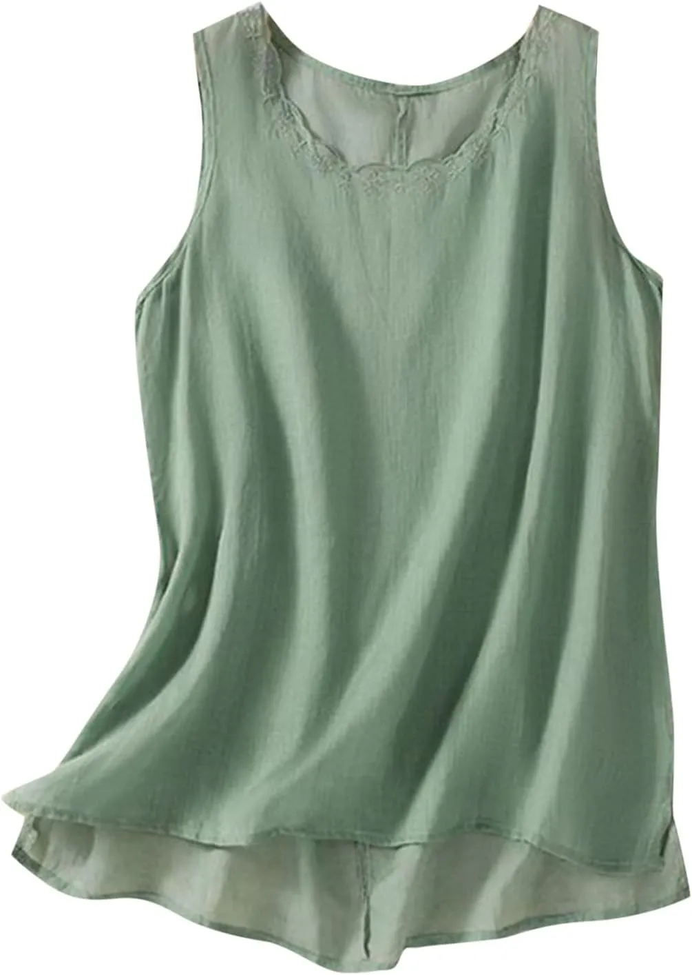 Cute Floral Embroidered Trim Cami Tops Women Summer Cotton Linen Sleeveless V Neck T Shirts Casual Beach T Shirts Undershirts