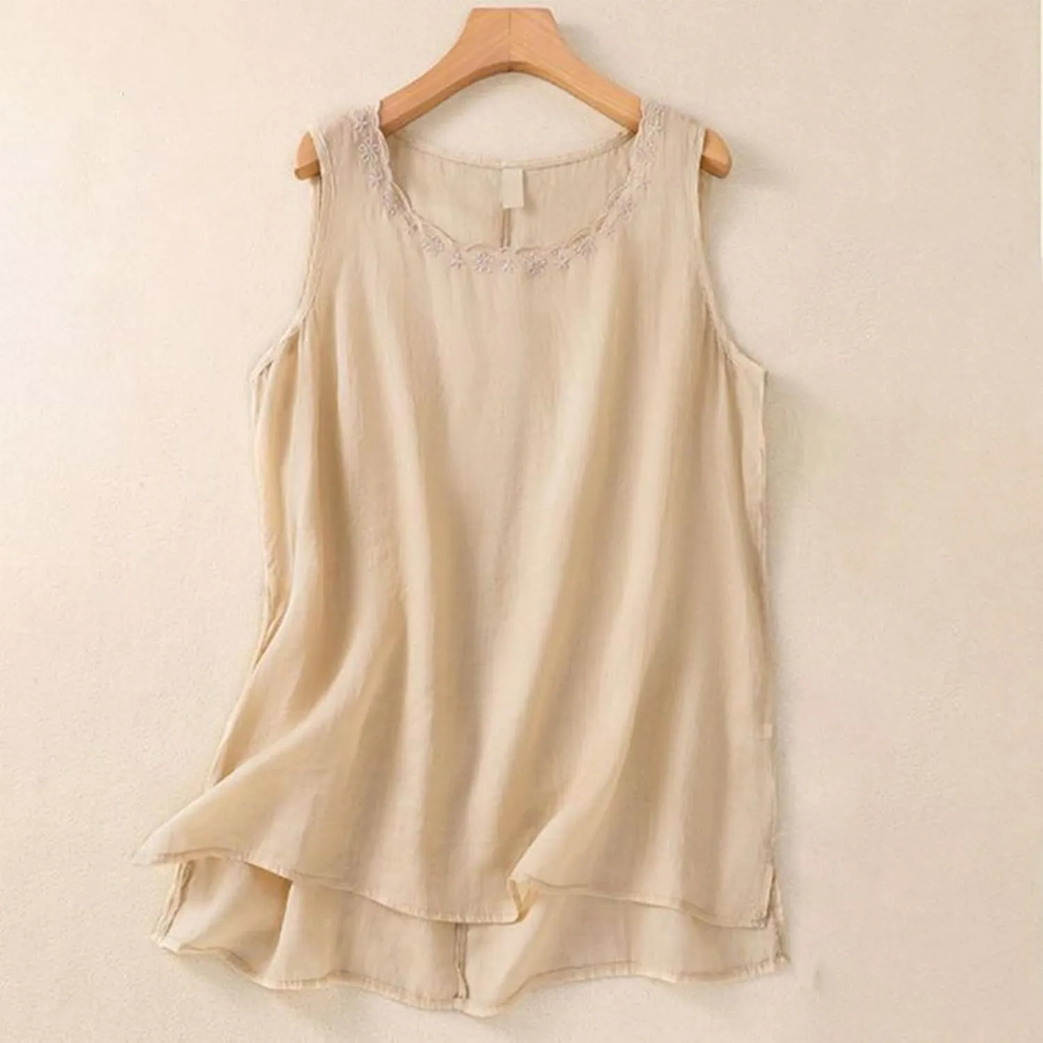 Cute Floral Embroidered Trim Cami Tops Women Summer Cotton Linen Sleeveless V Neck T Shirts Casual Beach T Shirts Undershirts