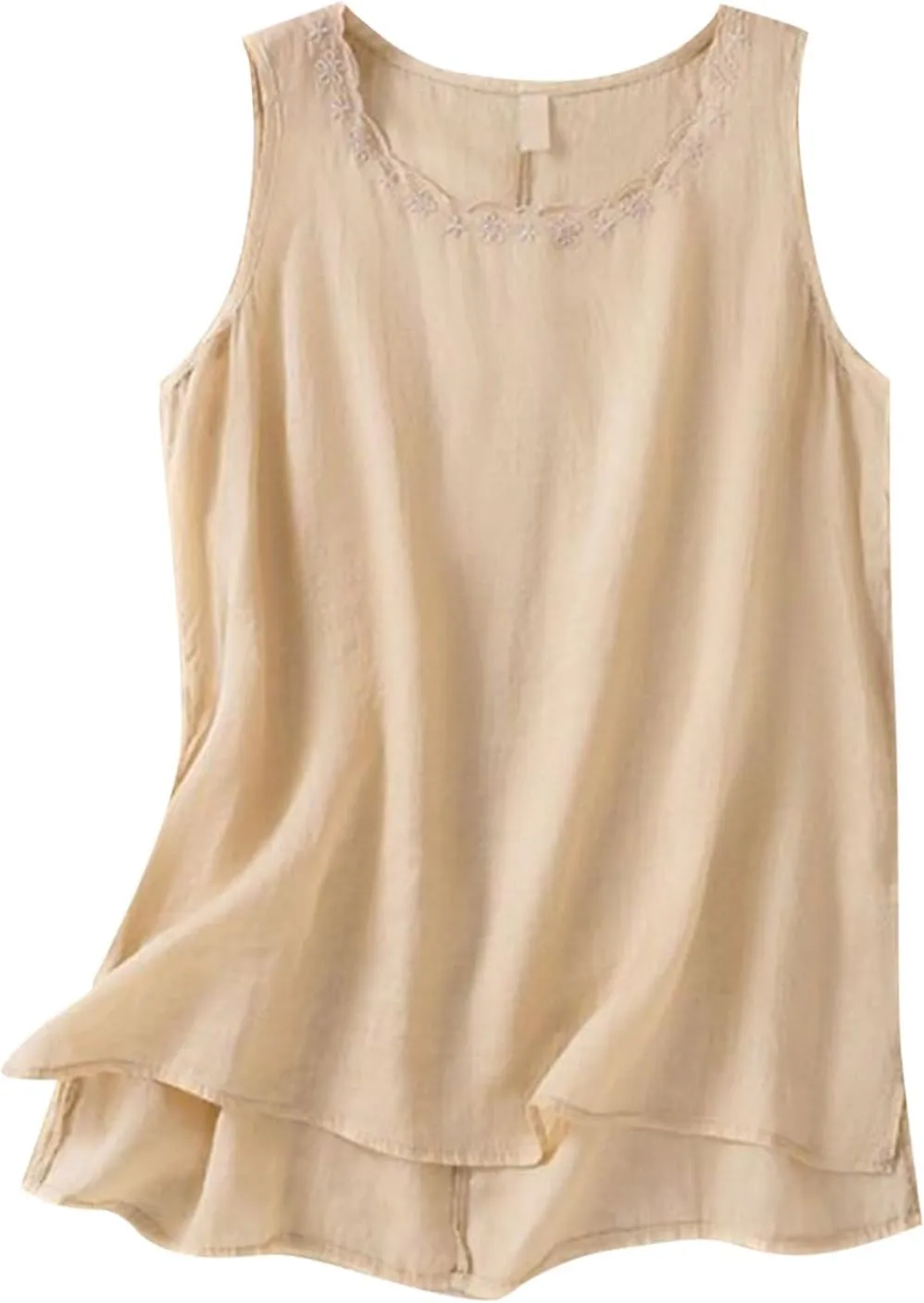 Cute Floral Embroidered Trim Cami Tops Women Summer Cotton Linen Sleeveless V Neck T Shirts Casual Beach T Shirts Undershirts